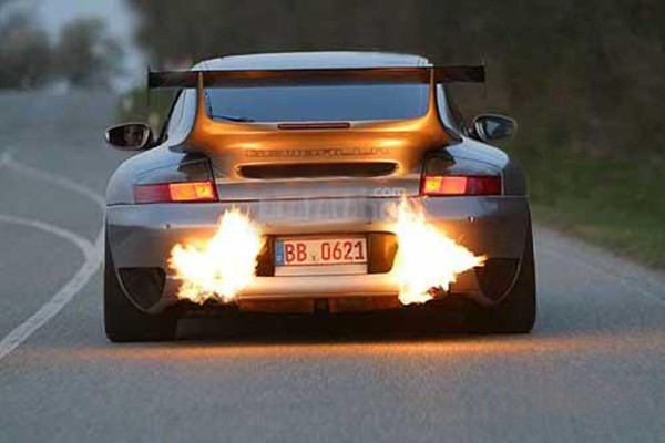 A car with on-fire exhaust pipes